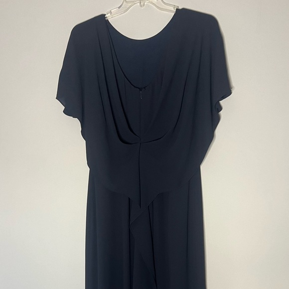 Halston Heritage Drape Back Cape Sleeve Ruffle Slit Navy Gown Maxi Dress 8 - Picture 9 of 13